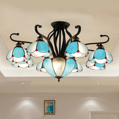 DecorBites™ handcrafted Tiffany glass chandelier with blue and white stained glass and black wrought iron arms for living room semi-flush mount light type