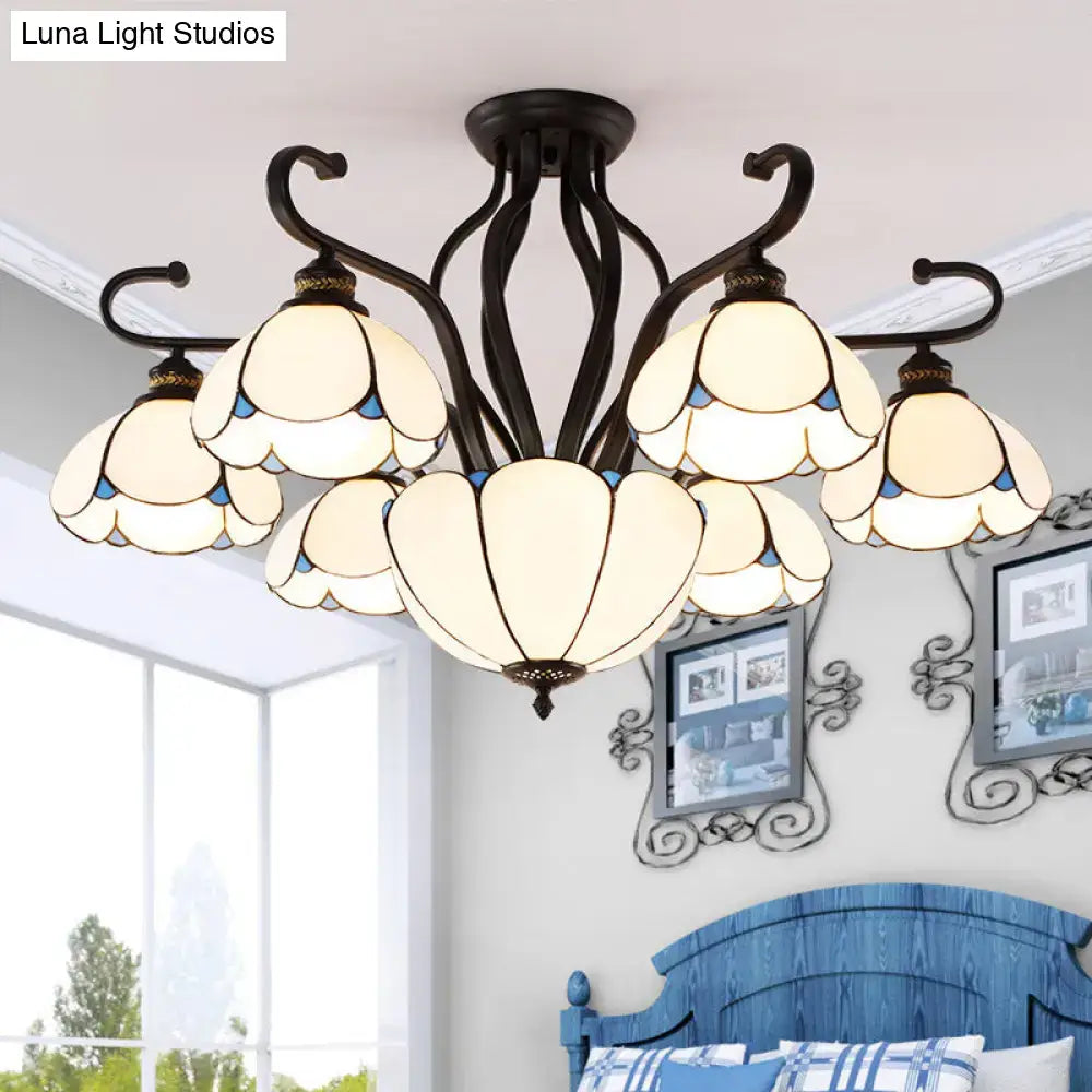 Decorbites™ handcrafted black wrought iron chandelier with six cream and blue tiffany glass shades for living room semi-flush mount light type