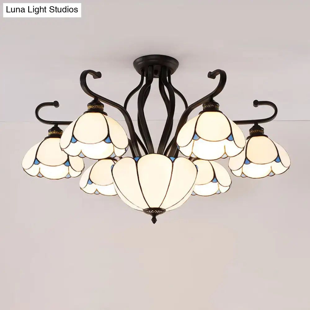 DecorBites™ handcrafted Tiffany glass semi-flush mount chandelier with black wrought iron and cream stained glass shades for living room