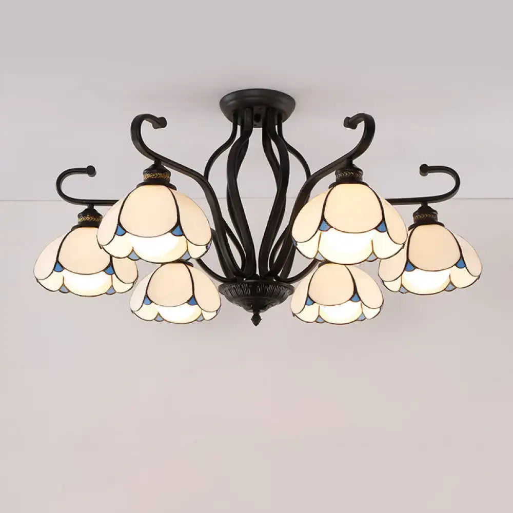DecorBites™ handcrafted Tiffany glass semi-flush mount chandelier with five cream and blue flower shades for living room lighting