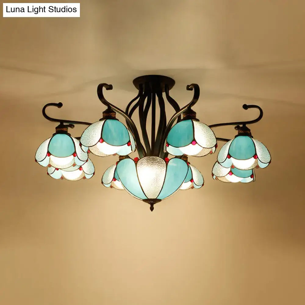 DecorBites semi-flush mount living room ceiling light type with five teal tiffany-style flower glass shades and red bead accents