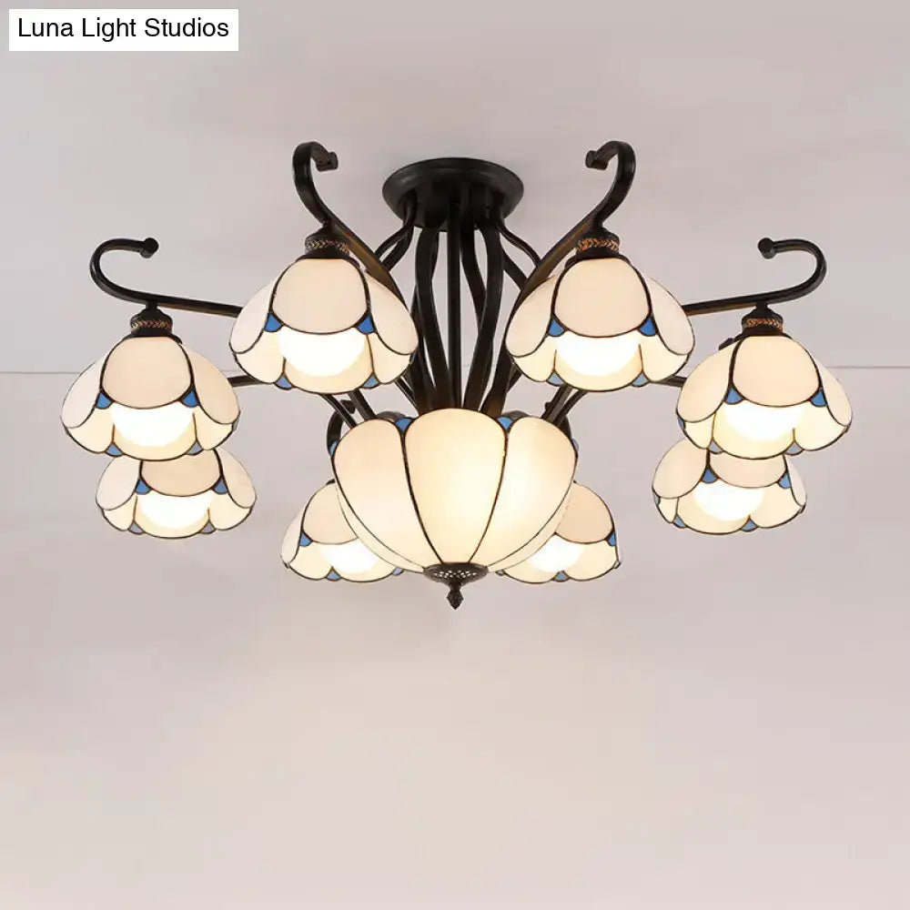 Decorbites™ handcrafted tiffany glass chandelier semi-flush mount light with cream stained glass shades for living room
