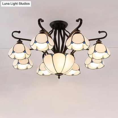 Decorbites™ handcrafted tiffany glass chandelier semi-flush mount light with cream stained glass shades for living room