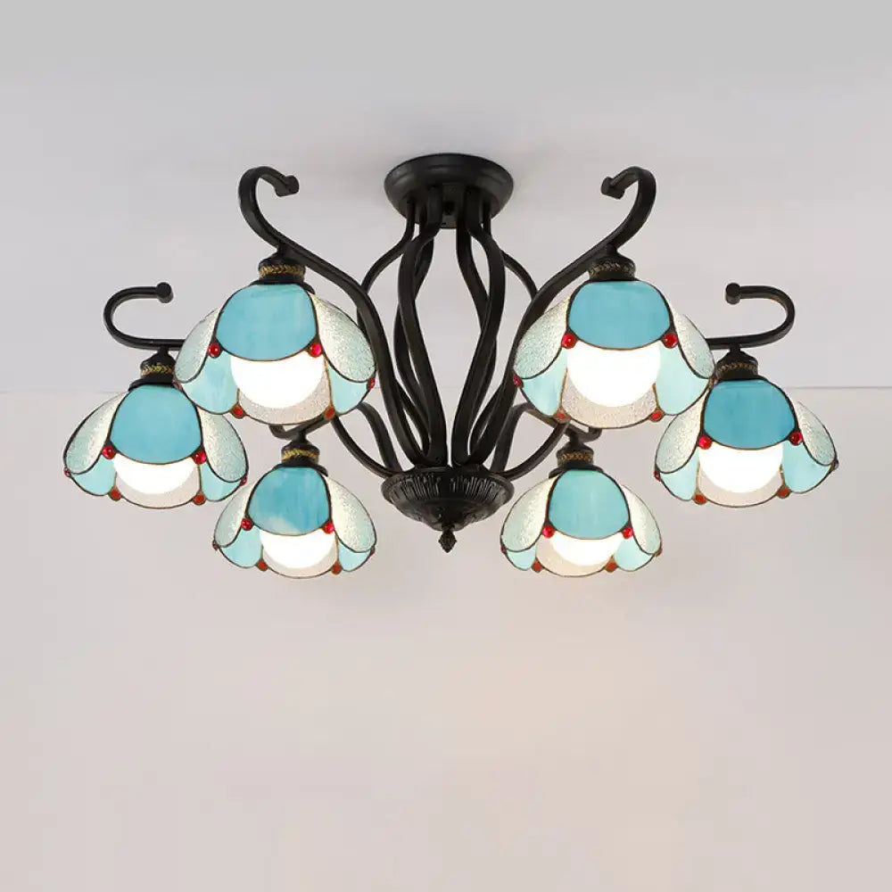 Decorbites™ handcrafted tiffany glass chandelier semi-flush mount with blue white stained glass flowers for living room ceiling light type