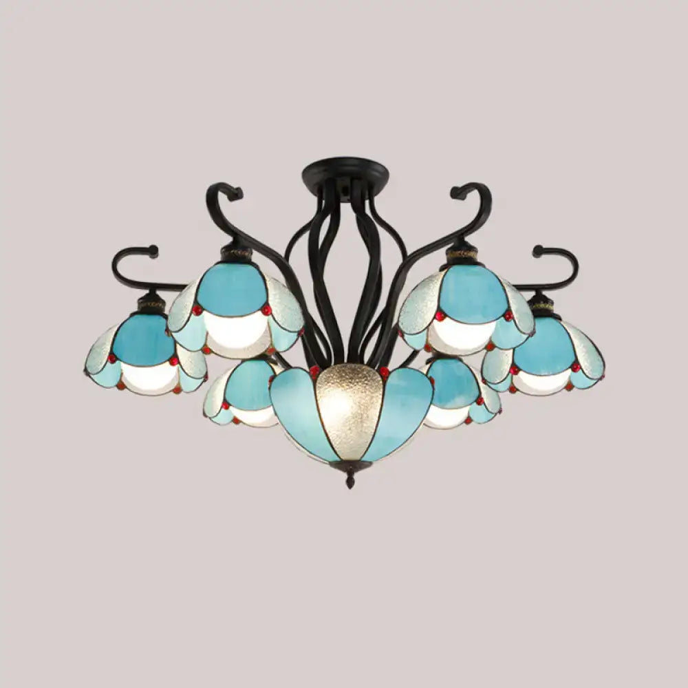 DecorBites™ handcrafted Tiffany glass chandelier with black wrought iron and turquoise stained glass for living room semi-flush mount light type