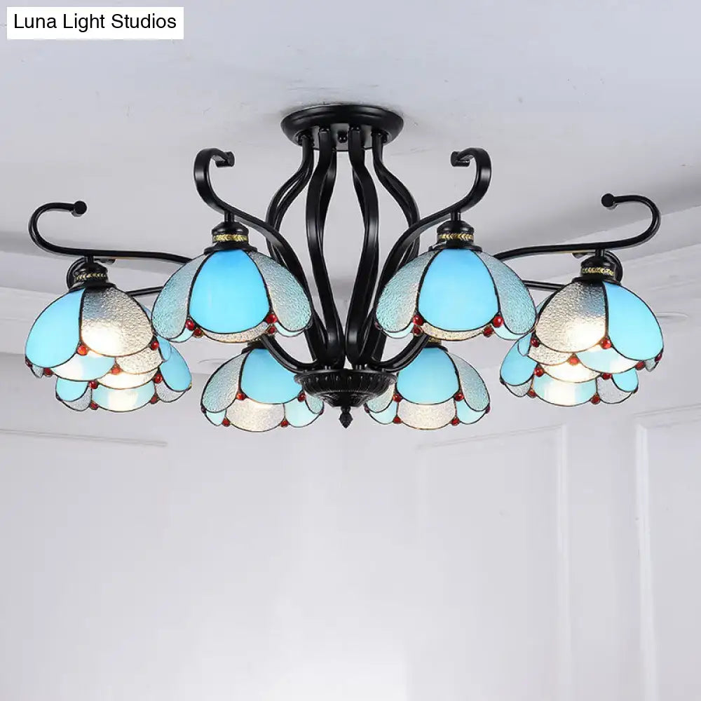 DecorBites™ handcrafted Tiffany glass semi-flush mount chandelier with blue silver glass and black wrought iron arms for living room