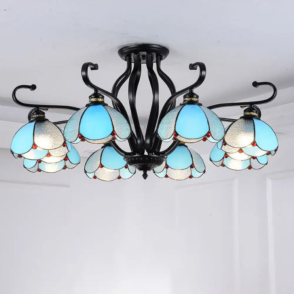 DecorBites hand-crafted Tiffany glass semi-flush mount ceiling light with blue and silver stained glass shades for living room