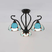 DecorBites™ handcrafted Tiffany glass chandelier semi-flush mount with black wrought iron and turquoise stained glass for living room