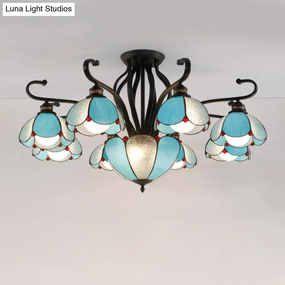 DecorBites™ handcrafted Tiffany glass semi-flush mount ceiling light with turquoise stained glass flowers for living room