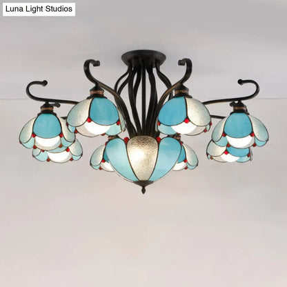 DecorBites™ handcrafted Tiffany glass semi-flush mount ceiling light with turquoise stained glass flowers for living room