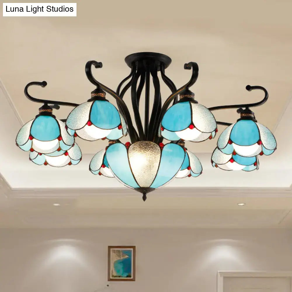 Decorbites™ handcrafted tiffany glass chandelier in blue and white stained glass with black wrought iron arms for living room semi-flush mount light type