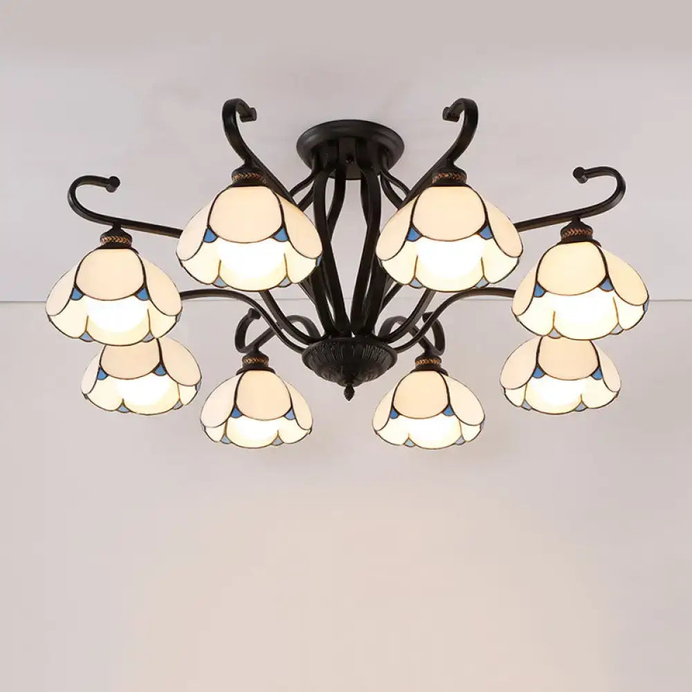 Black wrought iron DecorBites™ handcrafted semi-flush mount chandelier with cream stained glass flower shades for living room