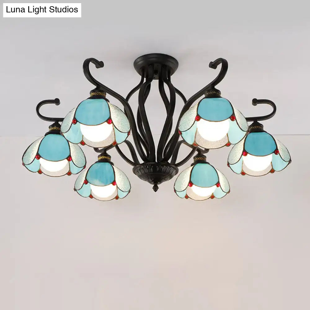 Decorbites™ handcrafted tiffany glass chandelier semi-flush mount light with blue white stained glass flowers for living room
