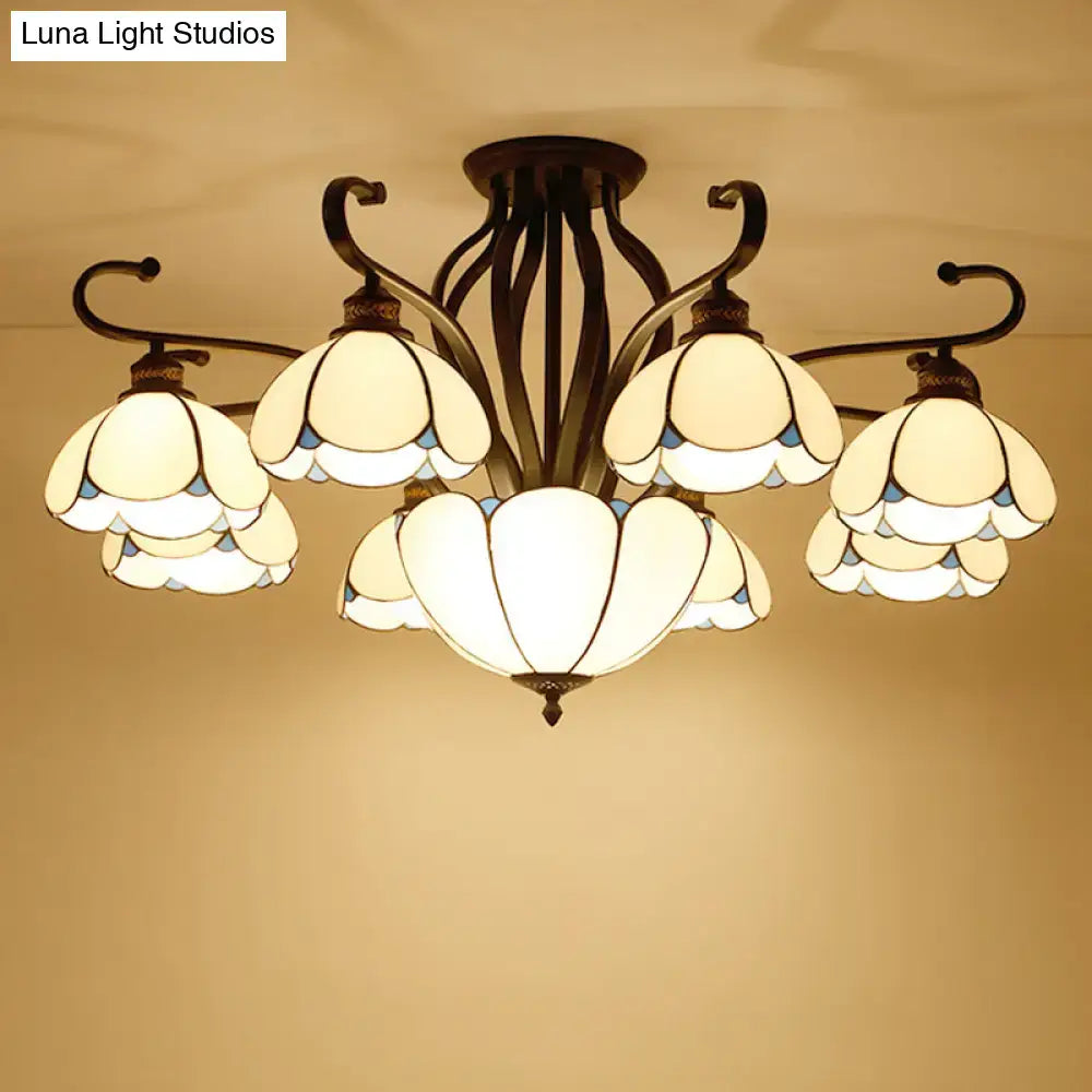 Decorbites™ handcrafted tiffany glass semi-flush mount chandelier with bronze finish and stained glass shades for living room