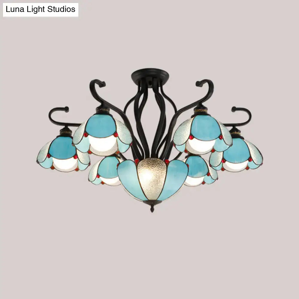 Decorbites™ handcrafted tiffany glass chandelier semi-flush mount with black wrought iron and stained glass petals for living room