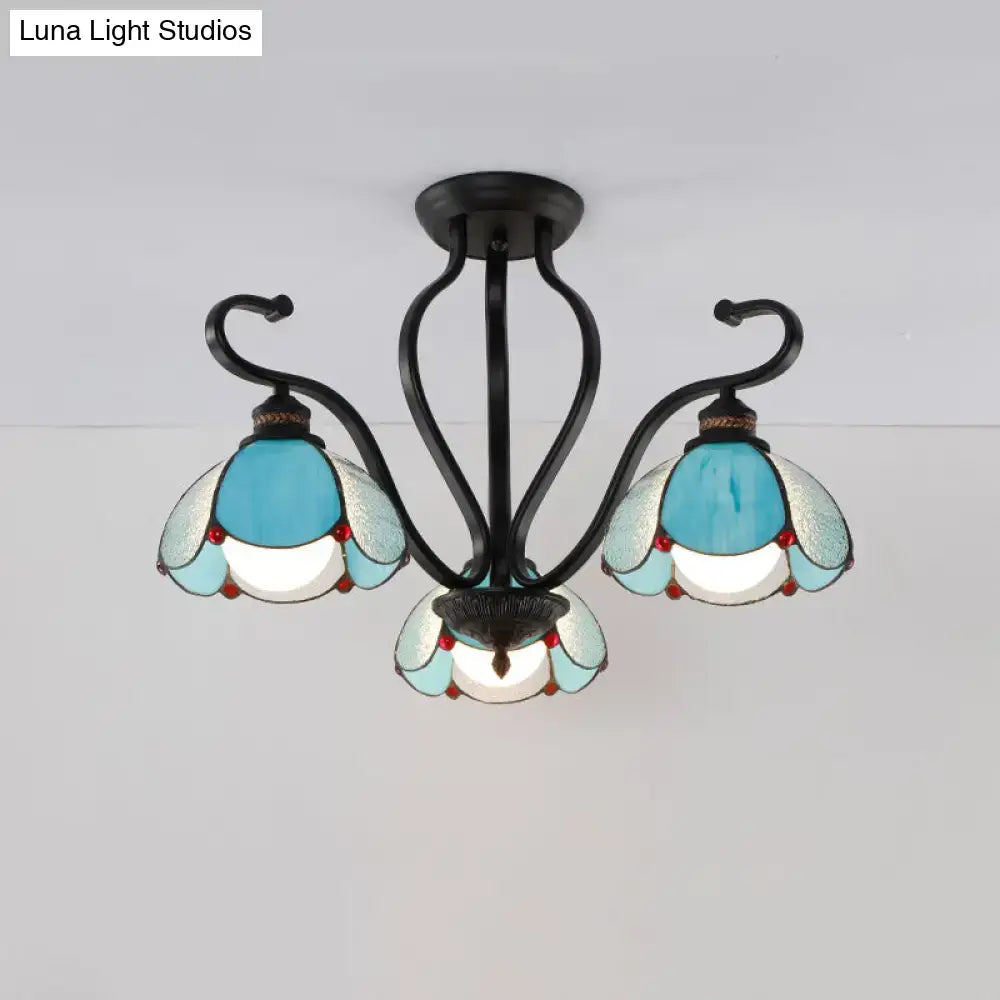 Stylish DecorBites™ semi-flush mount living room three-light chandelier with black wrought iron and multicolor Tiffany glass shades