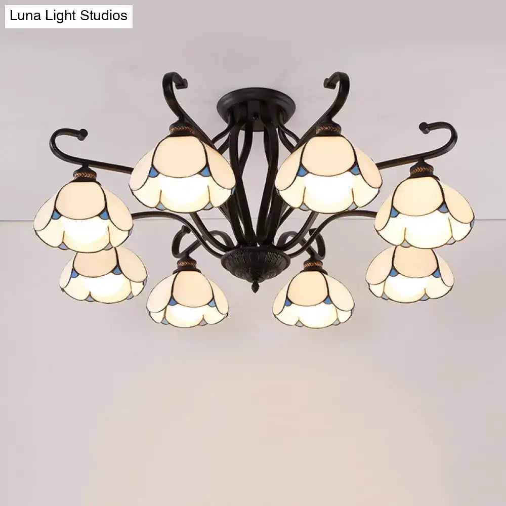 Black wrought iron DecorBites™ semi-flush mount chandelier with six cream stained glass flower shades for living room light type
