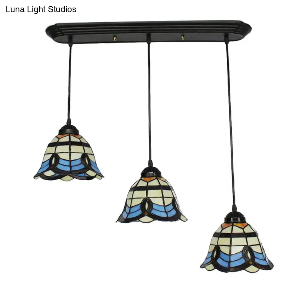 Tiffany Victorian Bell Shade Stained Glass Pendant Light - Blue, 3 Heads - Hotel Style