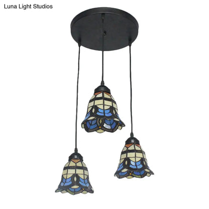 Tiffany Victorian Bell Shade Stained Glass Pendant Light - Blue, 3 Heads - Hotel Style