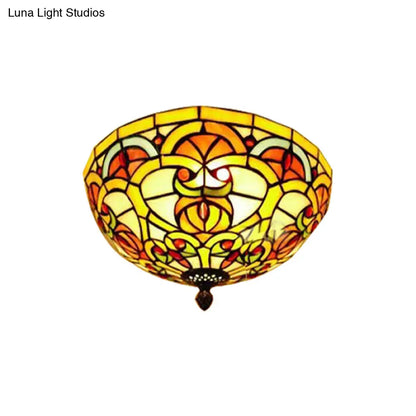 Tiffany Victorian Yellow Flush Ceiling Light Dome - Stained Glass Ceiling Mount for Hotels