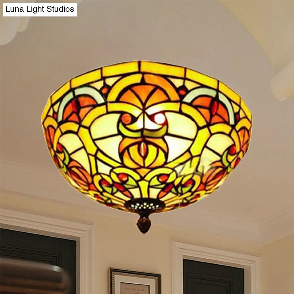 Tiffany Victorian Yellow Flush Ceiling Light Dome - Stained Glass Ceiling Mount for Hotels