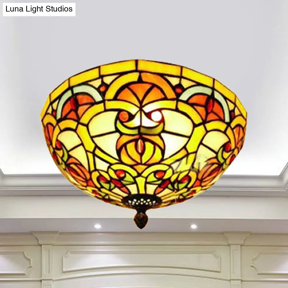 Tiffany Victorian Yellow Flush Ceiling Light Dome - Stained Glass Ceiling Mount for Hotels