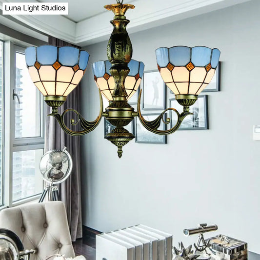 Tiffany Vintage 3-Light Pendant with Brass Finish, Blue Glass Shade, and Metal Chain