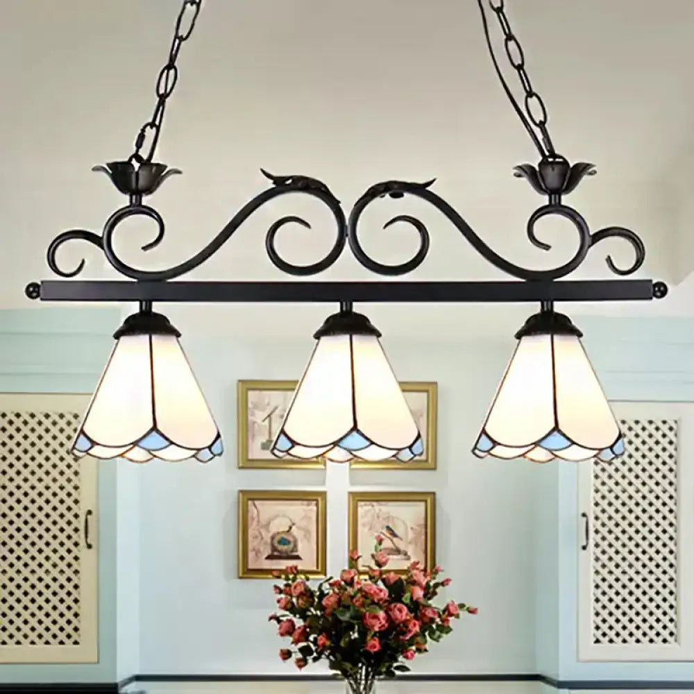 Black wrought iron decorbites tiffany style island chandelier light with three white and blue stained glass shades for led incandescent fluorescent bulbs 110v-120v 220v-240v