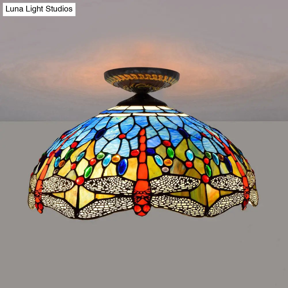 DecorBites™ DecorBites™ Tiffany White/Red Dragonfly Stained Glass Porch Ceiling Mount Lamp