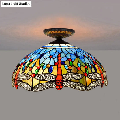 DecorBites™ DecorBites™ Tiffany White/Red Dragonfly Stained Glass Porch Ceiling Mount Lamp