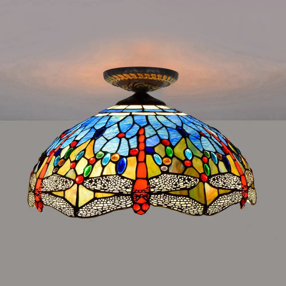 DecorBites™ DecorBites™ Tiffany White/Red Dragonfly Stained Glass Porch Ceiling Mount Lamp