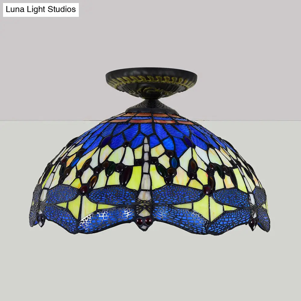 DecorBites™ DecorBites™ Tiffany White/Red Dragonfly Stained Glass Porch Ceiling Mount Lamp