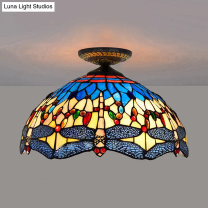 DecorBites™ DecorBites™ Tiffany White/Red Dragonfly Stained Glass Porch Ceiling Mount Lamp