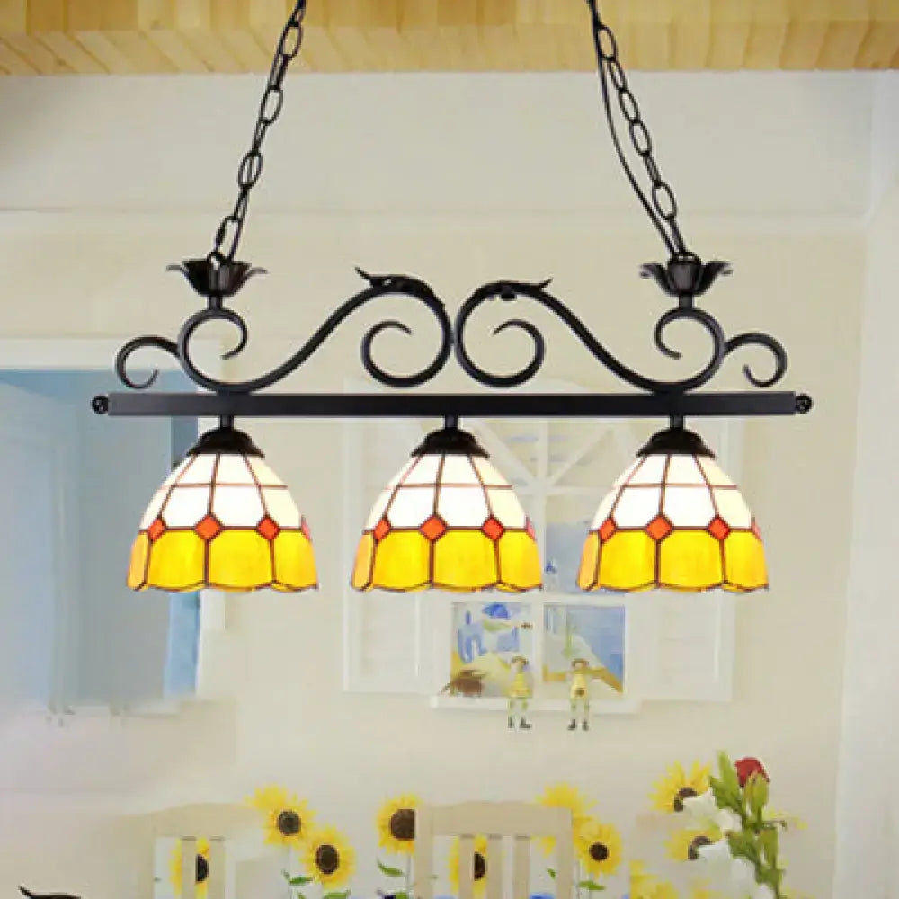 Black wrought iron ceiling light with three yellow and white stained glass shades stylish yellow dome island pendant