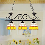 Black wrought iron ceiling light with three yellow and white stained glass shades stylish yellow dome island pendant