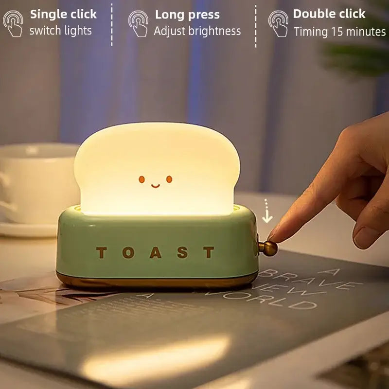 Pastel green toaster shaped maker night light with a smiling face and toast engraving for bedroom usb lamp