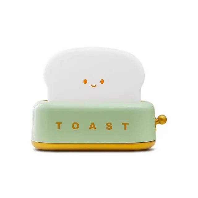 Pastel green and gold toaster shaped maker night light with smiling white bread slice usb bedroom lamp