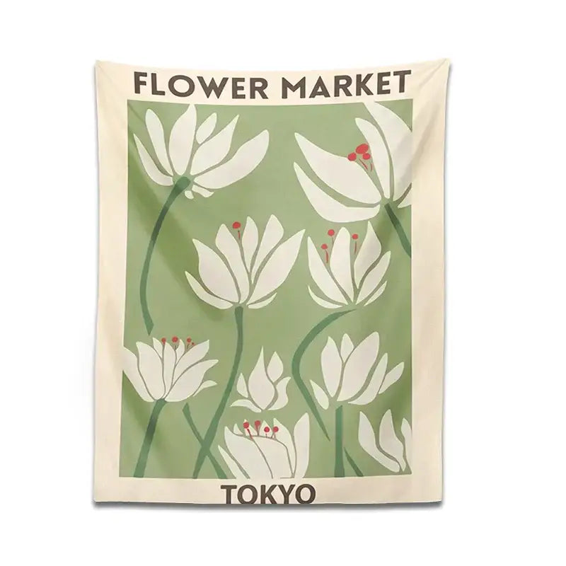Beige flower tapestry wall hanging with vintage white flowers and green stems on olive background by decorbites dreamy flower