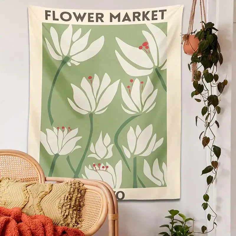 Tokyo flower market dreamy flower tapestry wall hanging with cream floral design on sage for bedroom decorbites dreamy flower