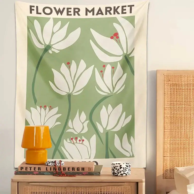 Tokyo flower market dreamy flower tapestry wall hanging featuring green and white floral design with bold black lettering