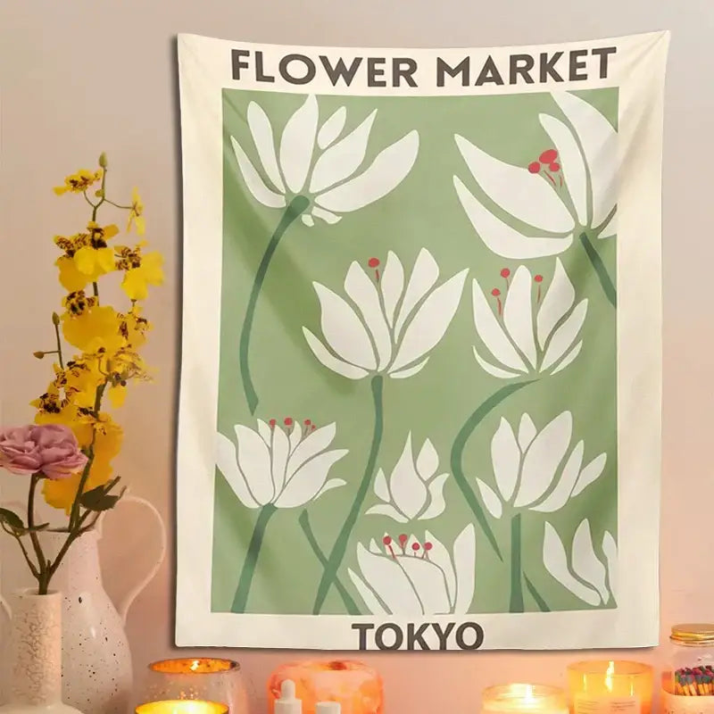 Tokyo flower market dreamy flower tapestry wall hanging features soft green floral design with cream borders for bedroom decorbites decor