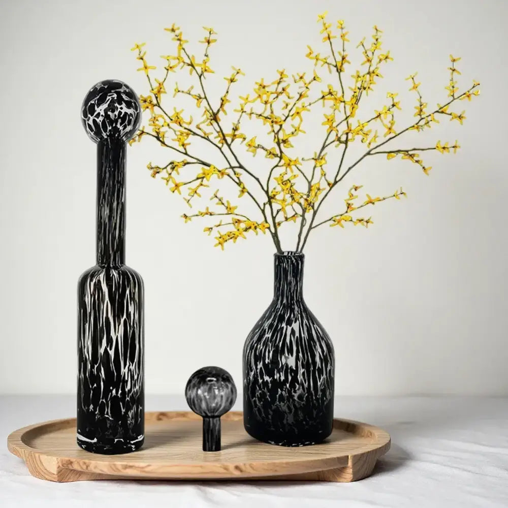 Black glass leopard print glass vases with white marbled patterns and spherical tops for living room decorbites decor