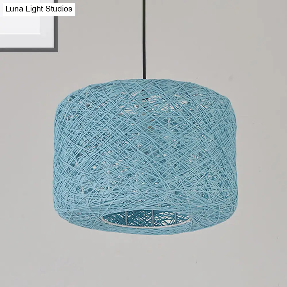 Tradition Rattan Drum Pendant Light - 1 Bulb - 12"/16"/18" Wide - Beige/Blue Hanging Ceiling Light