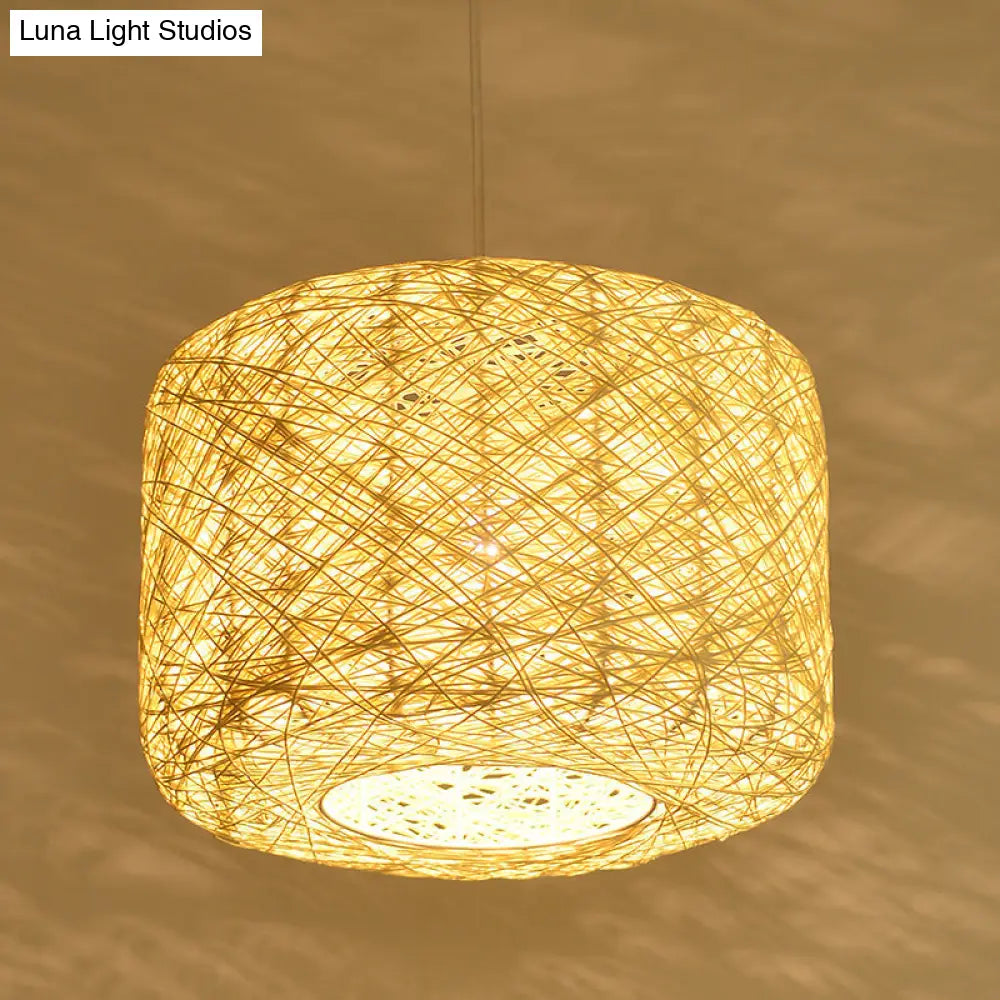 Tradition Rattan Drum Pendant Light - 1 Bulb - 12"/16"/18" Wide - Beige/Blue Hanging Ceiling Light