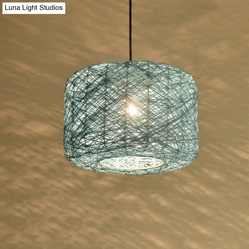 Tradition Rattan Drum Pendant Light - 1 Bulb - 12"/16"/18" Wide - Beige/Blue Hanging Ceiling Light