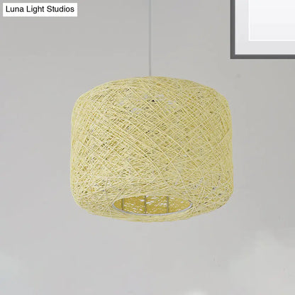 Tradition Rattan Drum Pendant Light - 1 Bulb - 12"/16"/18" Wide - Beige/Blue Hanging Ceiling Light