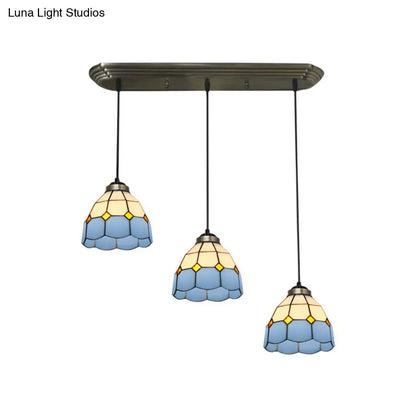 Traditional 3-Head Stained Glass Pendant Light in Bronze with Shaded Hanging Design