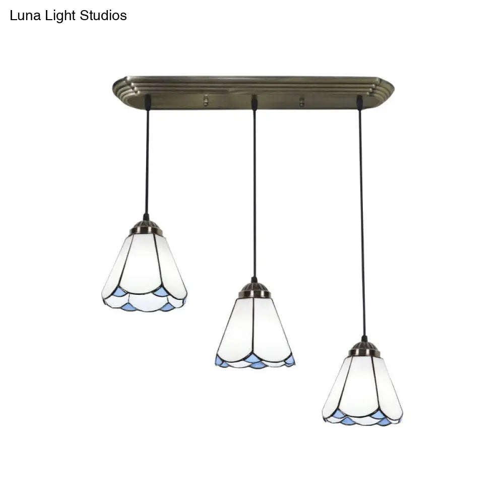 Traditional 3-Head Stained Glass Pendant Light in Bronze with Shaded Hanging Design