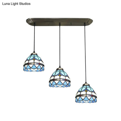 Traditional 3-Head Stained Glass Pendant Light in Bronze with Shaded Hanging Design