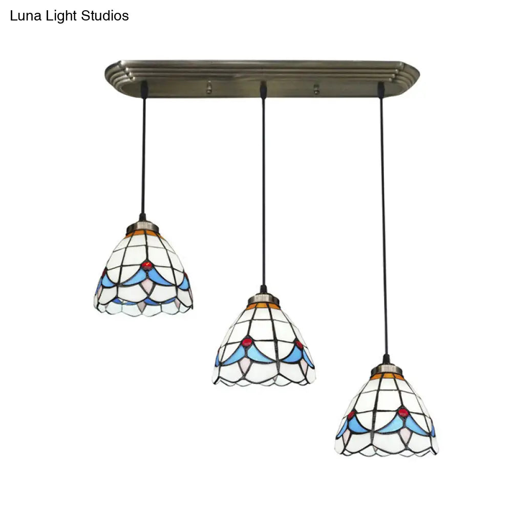 Traditional 3-Head Stained Glass Pendant Light in Bronze with Shaded Hanging Design